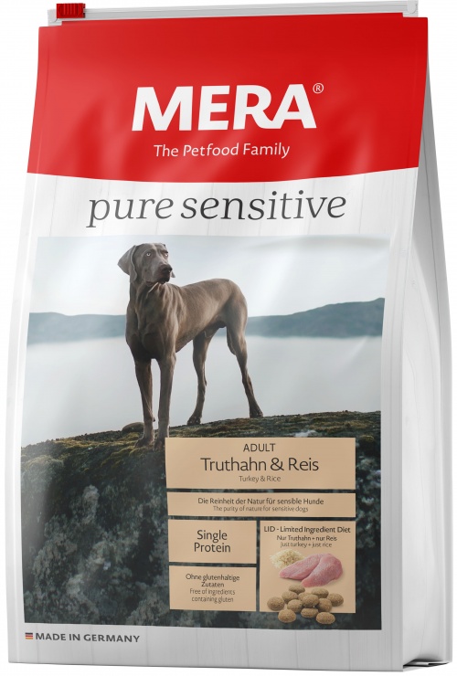 Фото: Mera Pure Sensitive Adult Truthahn&Reis (Мера Пьюр Сенситив Адалт "Трутан & Райс") для взрослых собак с индейкой и рисом. Магазин для животных ЗооПуть