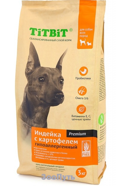 Фото: Titbit Корм сухой гипоаллергенный для собак всех пород, 3 кг. Магазин для животных ЗооПуть